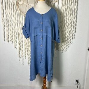 Couleur Lin Made in Italy Blue Linen Roll Tab Sleeve Button Down Shirtdress 44/8